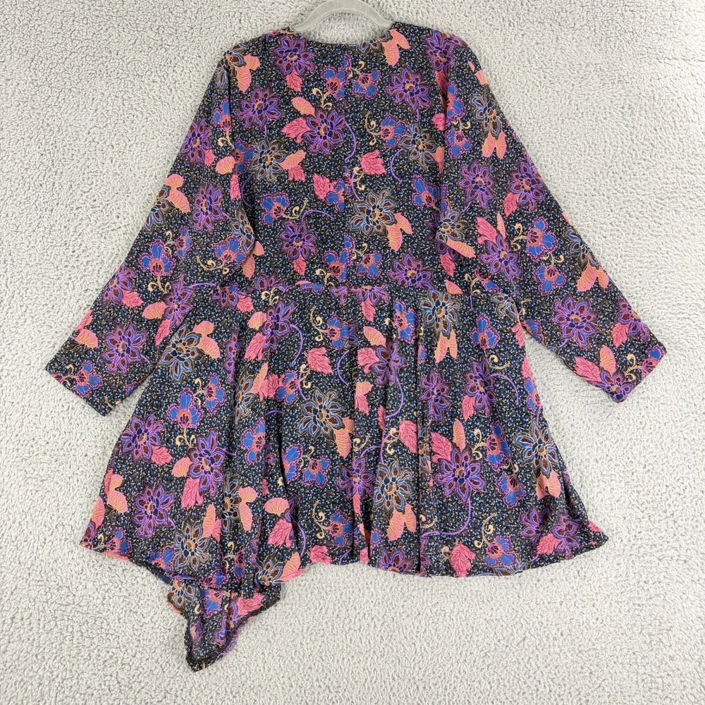 Free People Mini Dress Womens Medium Black Floral‎ Boho Wrap V-Neck OB1418794